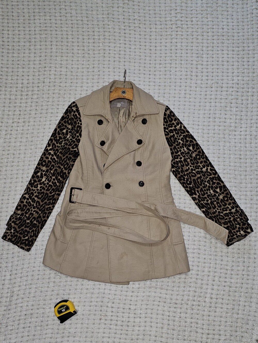 Banana Republic Beige Trench Coat with Leopard-Print Sleeves & Trench Belt Sz Sm